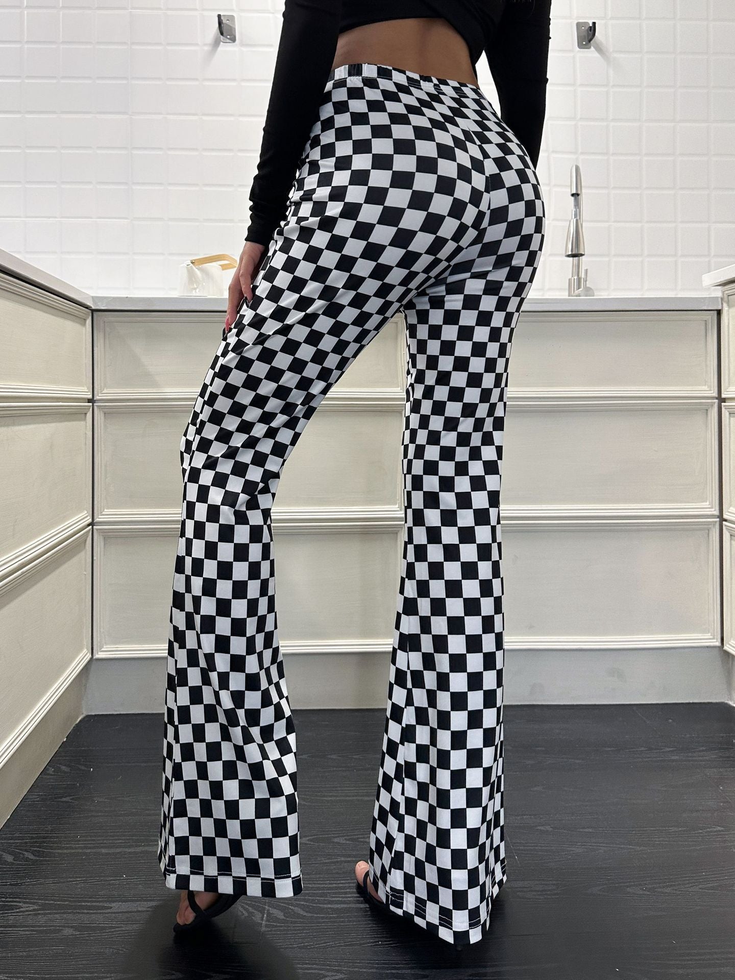 New Checkerboard Flare Pants Women's Fitness Yoga Clothes High Waist Showing Long Legs Tight Nude Sports Leisure Street Style