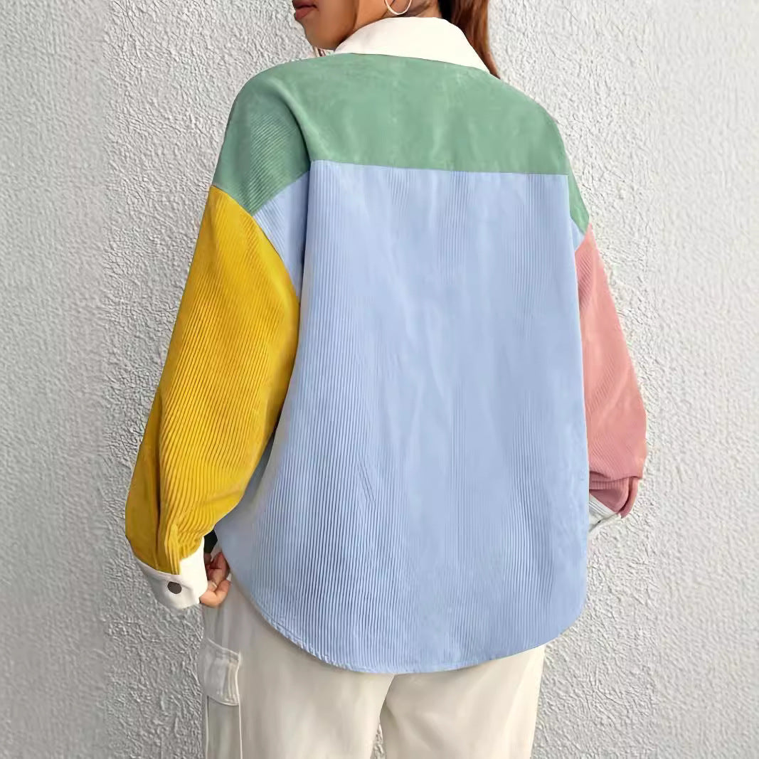 Corduroy Color Contrast Patchwork Loose Thin Versatile Casual Coat Cardigan Shirt
