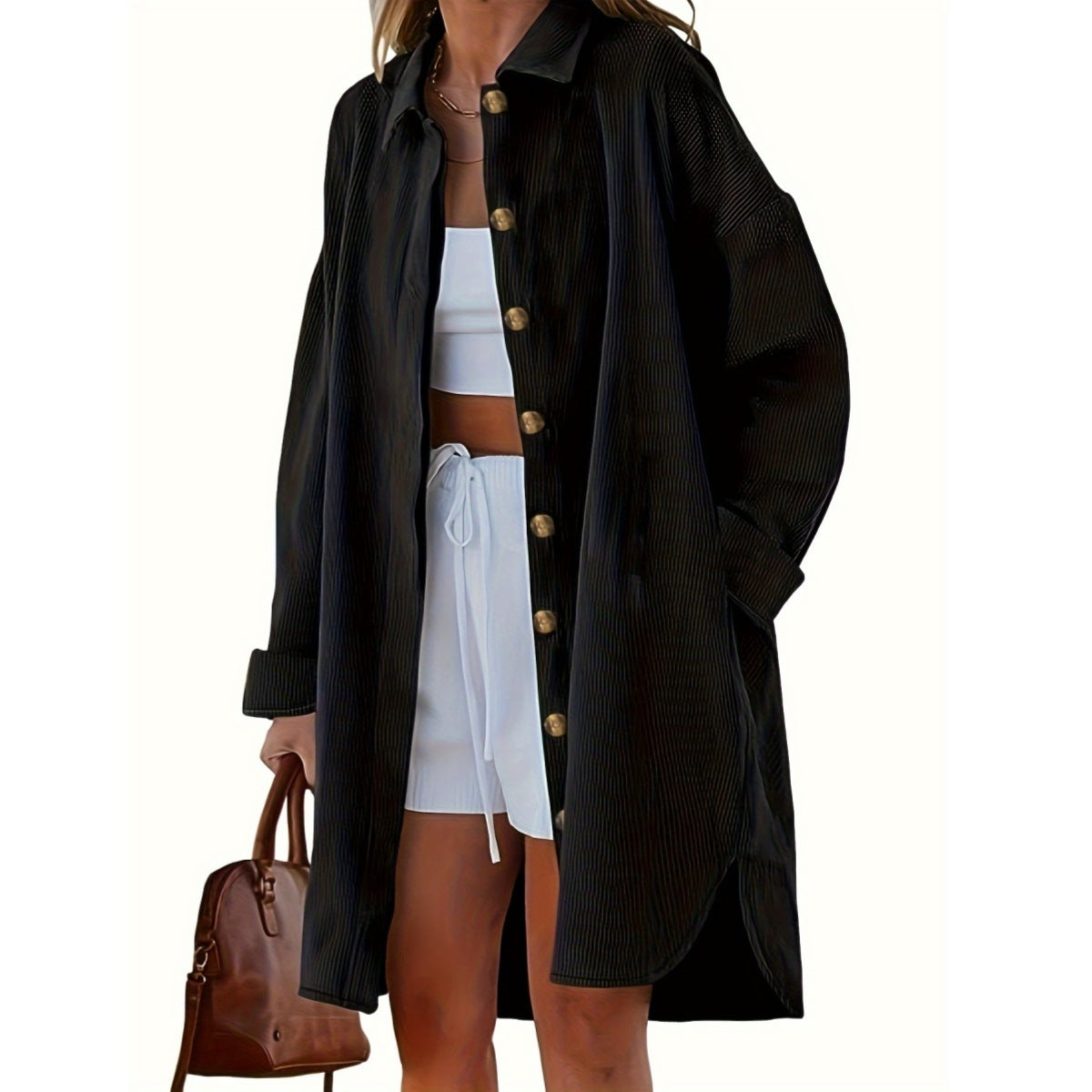 Lapel Long Sleeve Button Leisure Commute Corduroy Coat