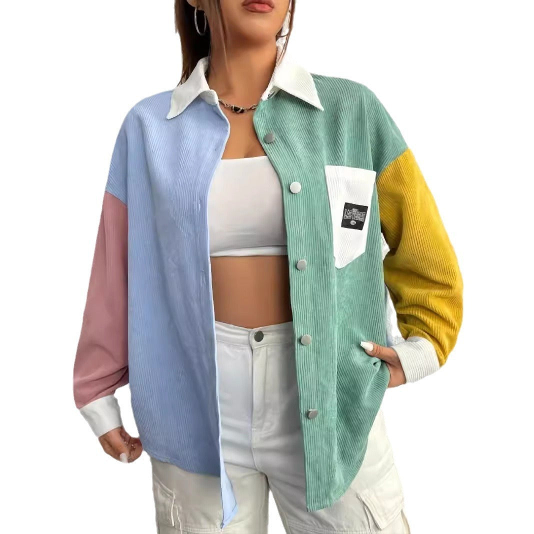 Corduroy Color Contrast Patchwork Loose Thin Versatile Casual Coat Cardigan Shirt