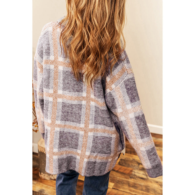 Printed Checks Long Sleeve Cardigan For Women