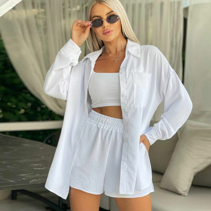 European And American Long Sleeve Shorts Loose Casual Women's Two-piece Suit