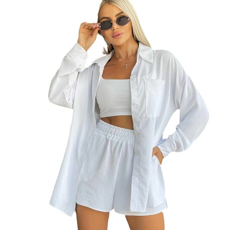 European And American Long Sleeve Shorts Loose Casual Women's Two-piece Suit