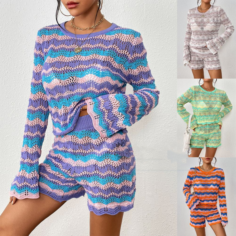 Stitching Home Knitwear Loose Color Round Neck Striped Sweater For Women