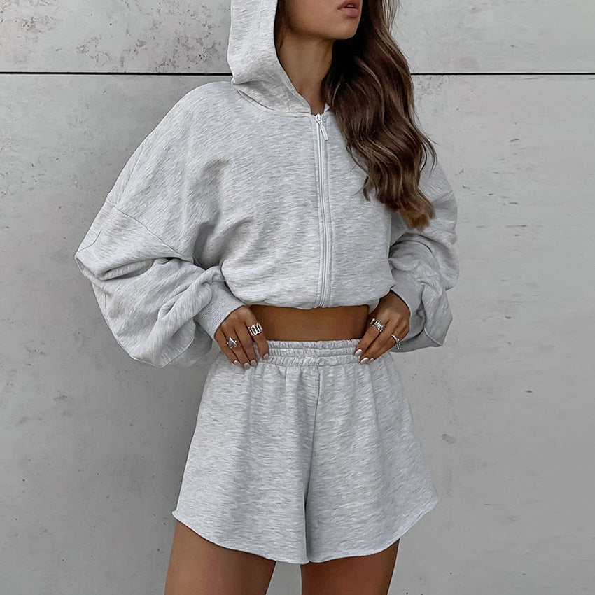 European And American Autumn Winter Street Fashion Gray Coat Shorts Two-piece Set