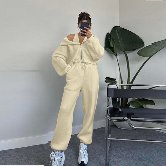 European And American Solid Color Hooded Cardigan Sweaters Women's Clothing Two-piece Fashion Casual Sweatpants Suit