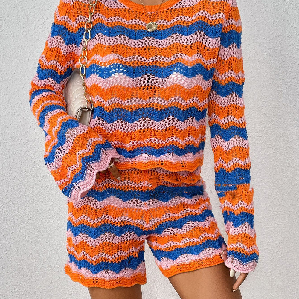 Stitching Home Knitwear Loose Color Round Neck Striped Sweater For Women