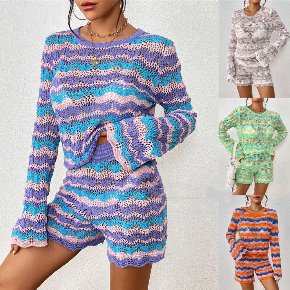 Stitching Home Knitwear Loose Color Round Neck Striped Sweater For Women