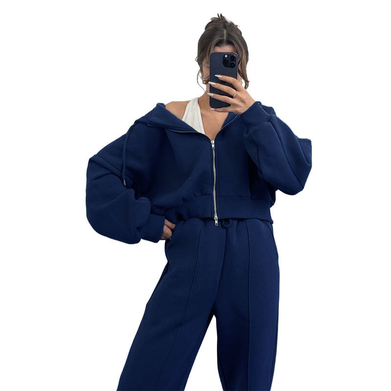 European And American Solid Color Hooded Cardigan Sweaters Women's Clothing Two-piece Fashion Casual Sweatpants Suit