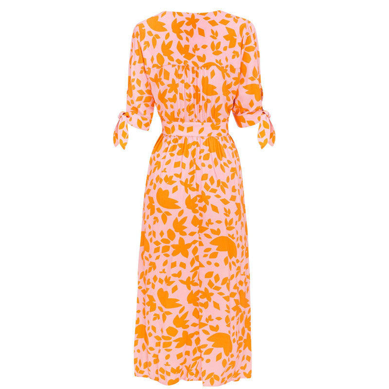 V-neck Five-point Sleeves Single-breasted Printed Dress