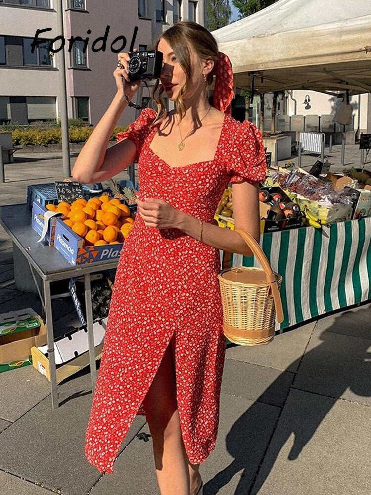 Vienna Women's Vintage Puff Sleeve Floral Dress Summer